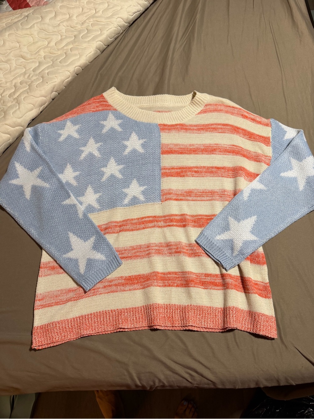 Patriotic Star & Stripe Cozy Knit Sweater - Light Blue & Cream